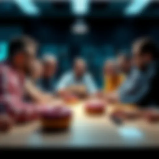A group of people engaging in a lively discussion about cryptocurrencies with donuts on a table