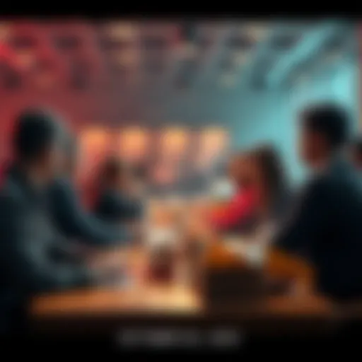 People chatting in a forum setting with snacks and donuts on a table.