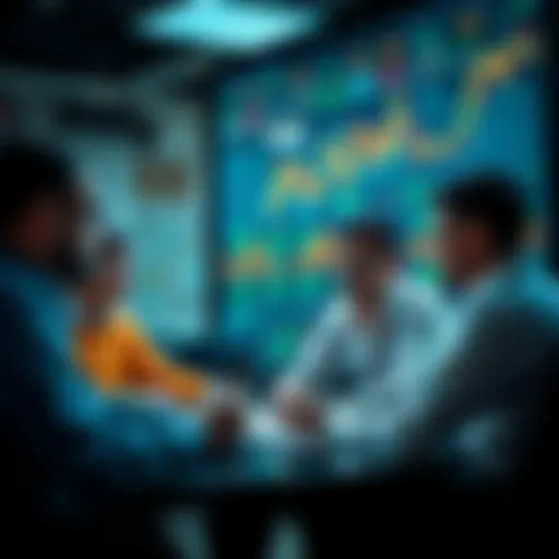 People engaging in a discussion about trading strategies and market events in a collaborative setting