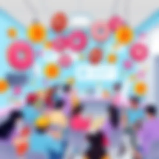 A lively chat space featuring donuts, cryptocurrency symbols, and people engaging in discussion. Bright and colorful illustration that captures a sense of community and sharing ideas.