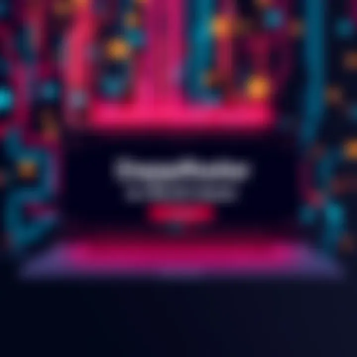 A digital screen displaying a message about DappRadar shutting down, with cryptocurrency symbols in the background