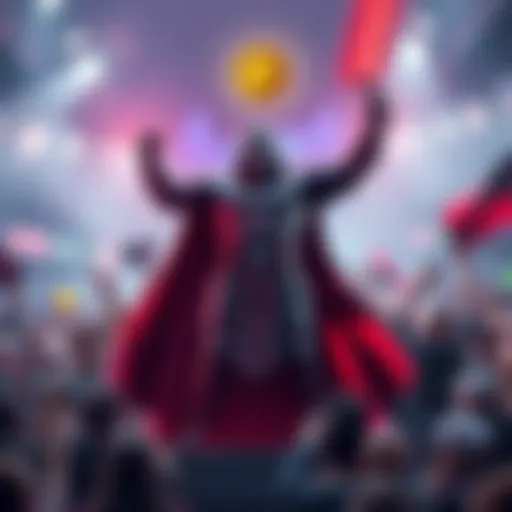 A bold figure representing Darth Bitcoin stands victorious, surrounded by symbols of cryptocurrency, with an enthusiastic crowd of traders and investors in the background.