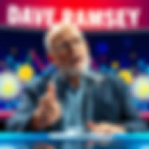 Dave Ramsey speaking about Bitcoin on his show with visuals of cryptocurrency symbols in the background