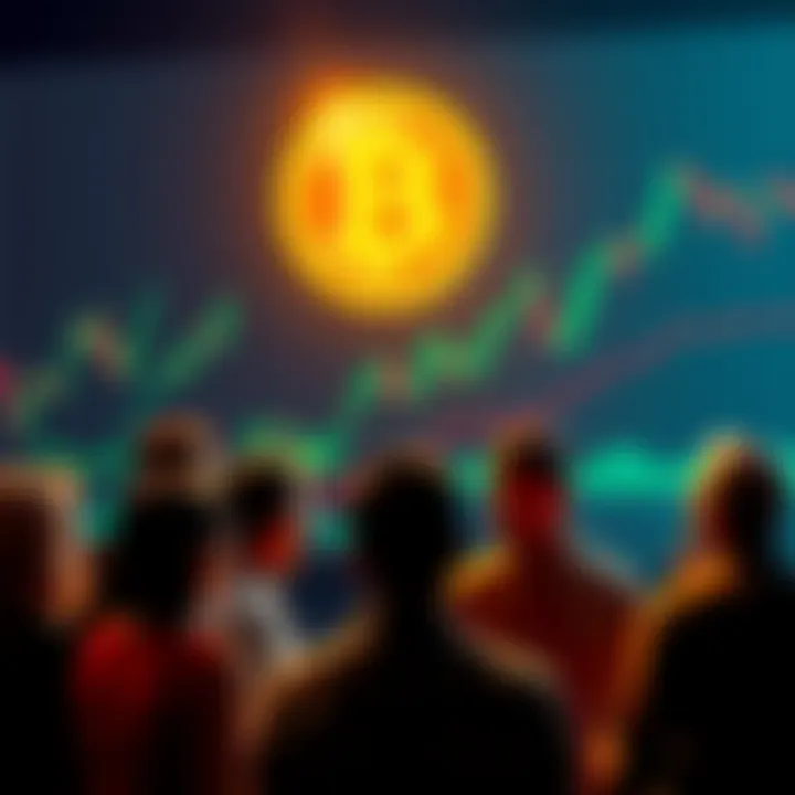 A group of people discussing Bitcoin, with charts and graphs in the background showing fluctuating prices and trends, representing different opinions on the cryptocurrency.