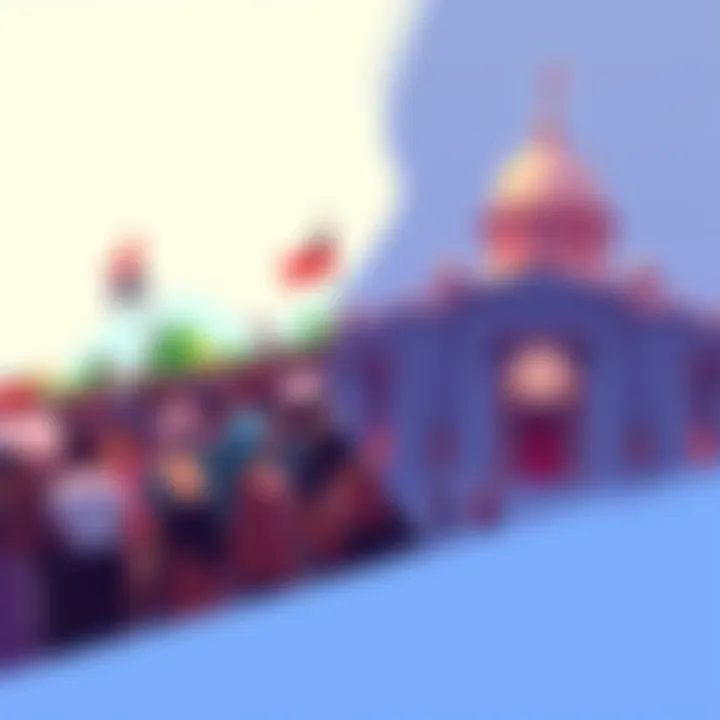 A split image showing symbols of left and right political ideologies. On the left, a community gathering representing decentralization, and on the right, a government building symbolizing central authority.