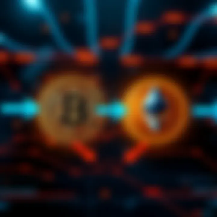 A visual representation of a decentralized exchange interface showing Bitcoin and Ethereum logos with arrows indicating a swap transaction between them.