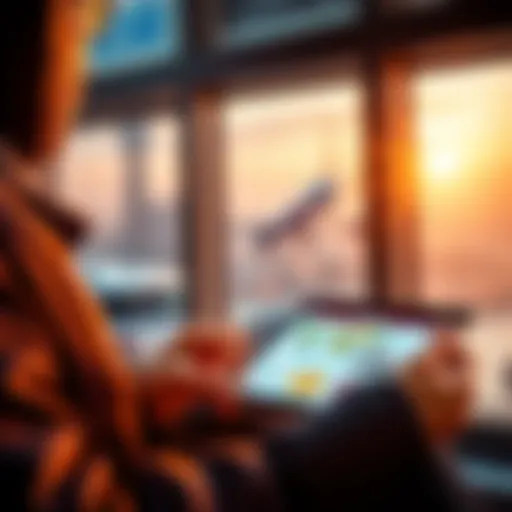 A person looks at a travel guide while considering options on a tablet, weighing upgrading badge level against purchasing parcels before a trip.