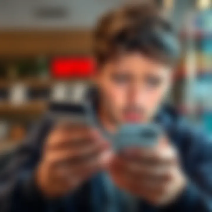 A person looking frustrated while checking their bank app, showing a declined deposit message.