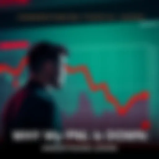 A graph showing a downward trend in profits with red arrows and a concerned person looking at it.