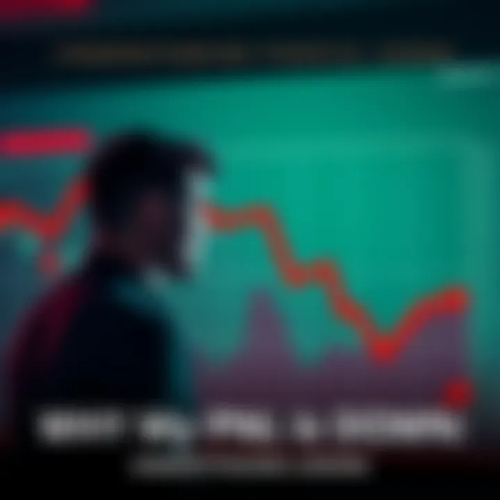 A graph showing a downward trend in profits with red arrows and a concerned person looking at it.