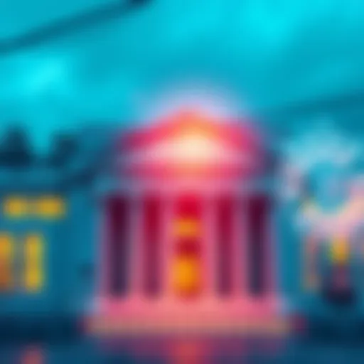 A visual representation of decentralized finance merging with traditional finance, showing digital currency symbols alongside a bank building.