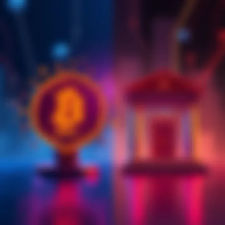 A split image showing DeFi represented with blockchain symbols and CeFi with traditional bank icons, illustrating the differences between the two finance models.