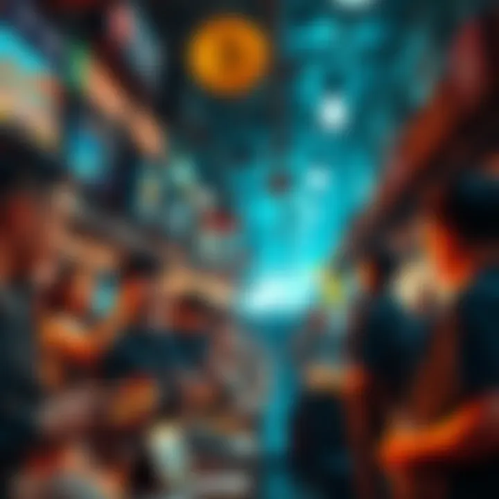 A lively group of people trading and discussing cryptocurrency trends at a bustling market.
