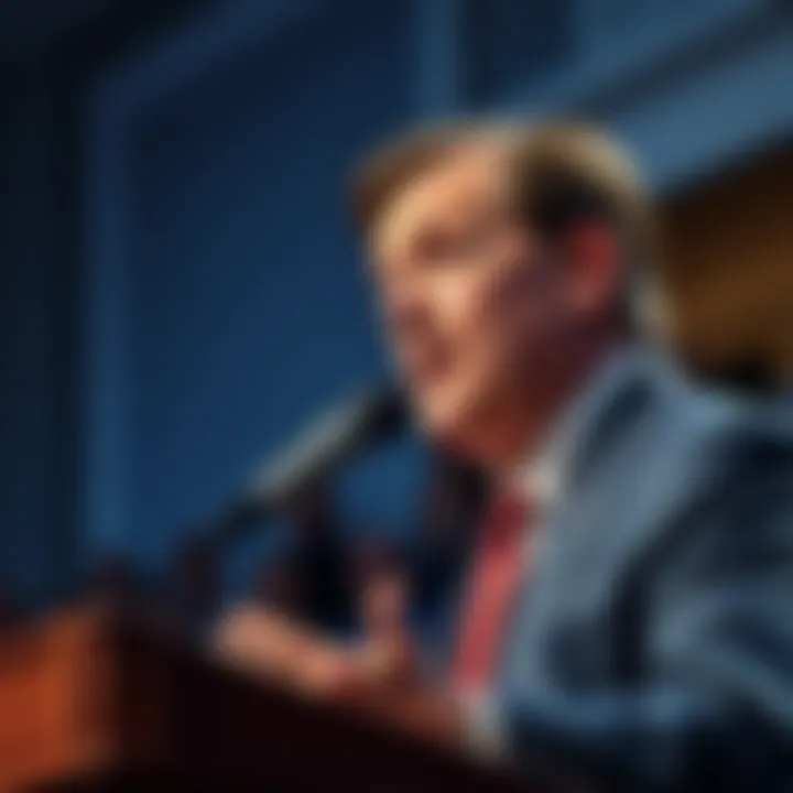 A top US Democrat speaking at a podium about cryptocurrency regulations, with a focused expression and an audience in the background.