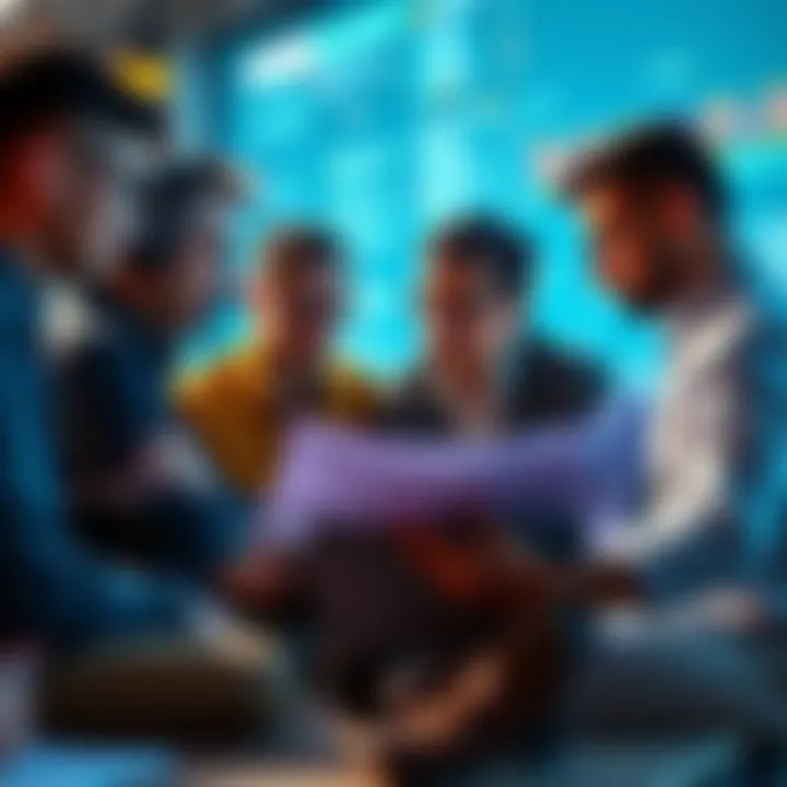 A group of developers discussing plans on a laptop, showing teamwork in a tech environment.