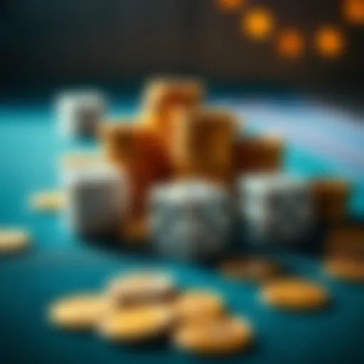 A close-up view of dice and coins arranged on a table, symbolizing luck and chances in games of chance.