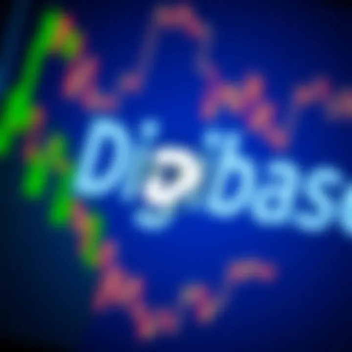 A Digibyte logo placed over a blurred Coinbase interface, illustrating the challenge of listing Digibyte on the platform.