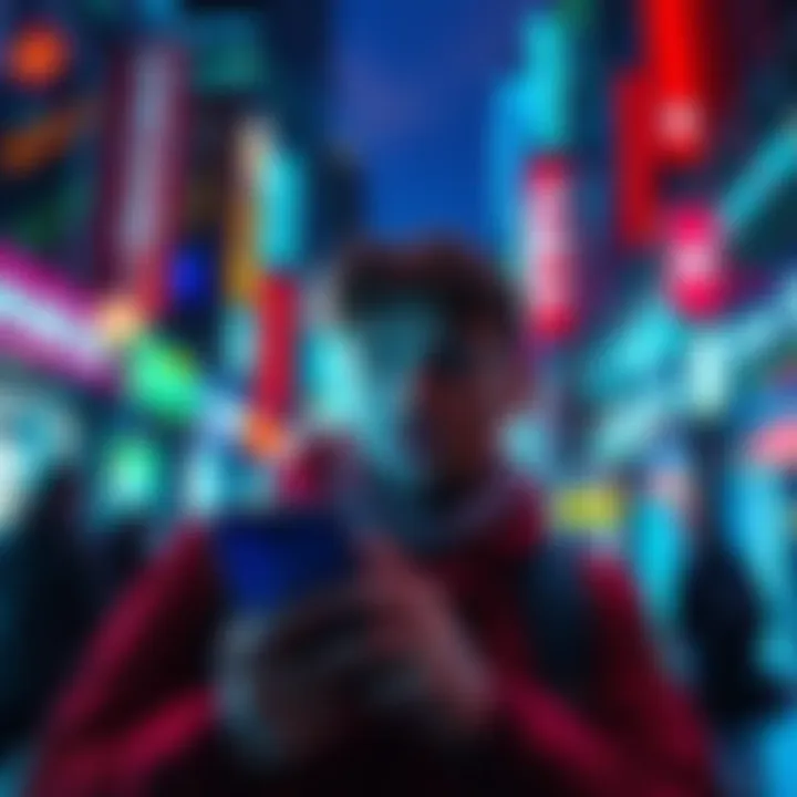 A traveler looks worried while using a phone, showing concerns about privacy and surveillance in a bustling Canadian city.