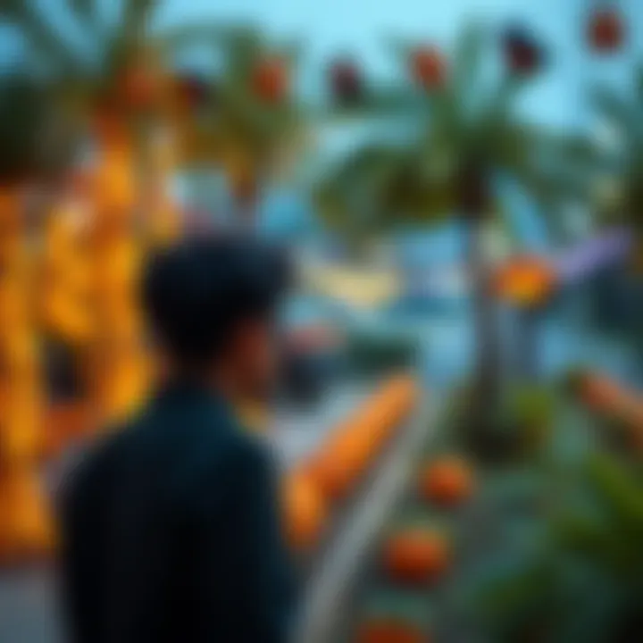 A person looking at summer-themed plots decorated with palm trees instead of autumn pumpkins, showing disappointment over Halloween decorations not matching the season.