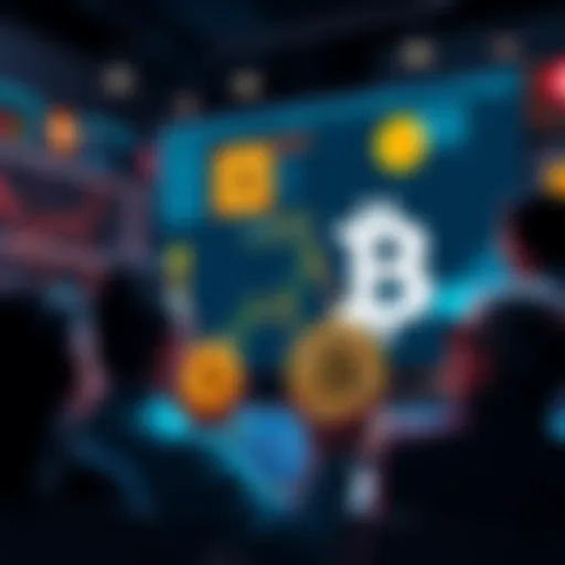 A group of people discussing cryptocurrency on user boards, with graphs and Bitcoin symbols in the background.