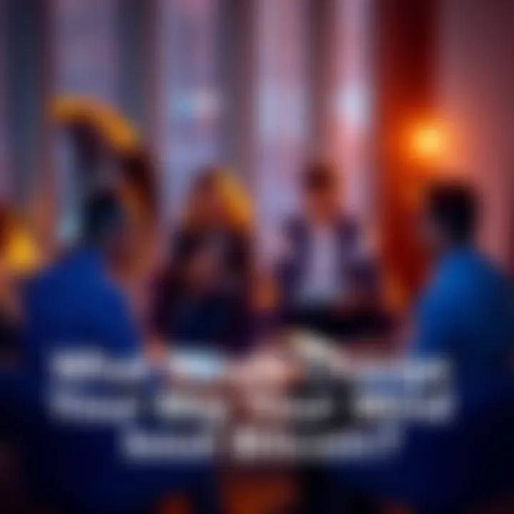 A group of people sitting in a circle, engaging in a conversation about Bitcoin with laptops and notepads, sharing different views on cryptocurrency investment.
