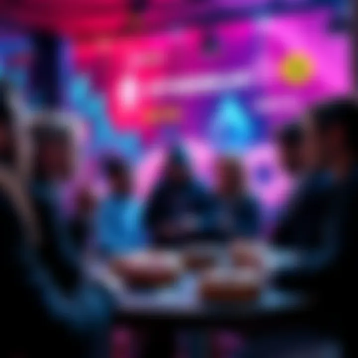 People engaging in conversation about Ethereum and donuts with a backdrop of a digital currency theme