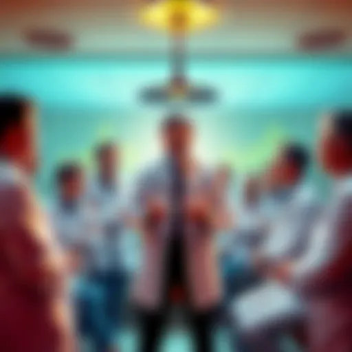 A group of doctors in a hospital setting discussing the pros and cons of investing in Bitcoin, with charts showing cryptocurrency trends in the background.