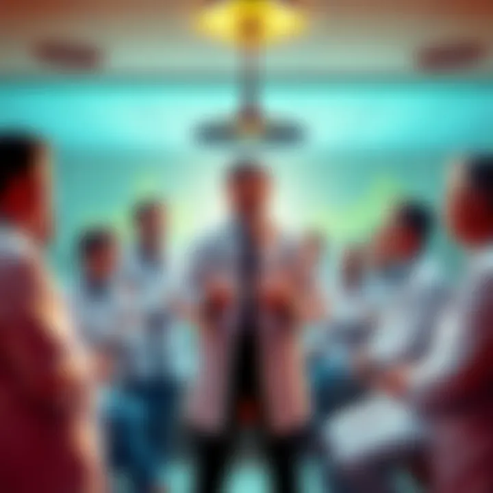 A group of doctors in a hospital setting discussing the pros and cons of investing in Bitcoin, with charts showing cryptocurrency trends in the background.