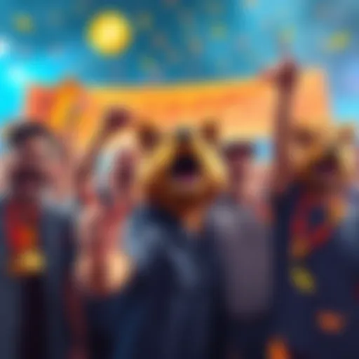 A group of cheerful people celebrating the rise of Doge Coin with tokens and banners in a lively atmosphere.