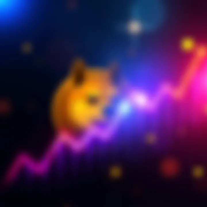 Doge Coin logo surrounded by a graph indicating an upward trend, symbolizing potential growth in value.