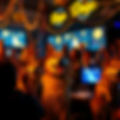 Group of Doge enthusiasts celebrating with dog-themed decorations and digital screens showing cryptocurrency graphics
