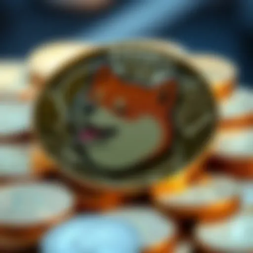 A collection of Dogecoin coins featuring the Shiba Inu dog logo, symbolizing cryptocurrency investment.