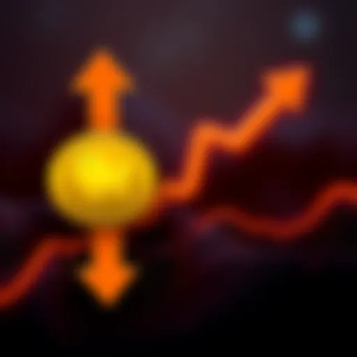 A graphic showing the Dogecoin logo with an upward arrow indicating a price increase to 30 cents, alongside a downward arrow representing an upcoming decline.