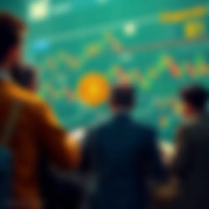 A group of investors discussing selling strategies for Dogecoin, with charts and graphs showing price movements