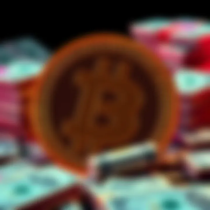 Dogecoin symbol displayed with stacks of cash, illustrating its rise as real money in 2025.