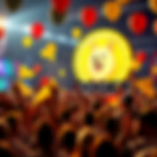 A crowd of Dogecoin fans celebrating with banners and balloons, showcasing a cheerful atmosphere, while a large Dogecoin logo is displayed prominently in the background.