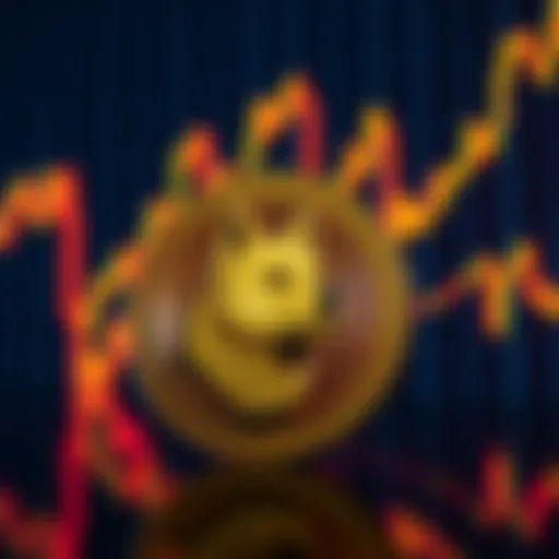 A Dogecoin coin in front of a digital chart showing price fluctuations, representing market predictions.