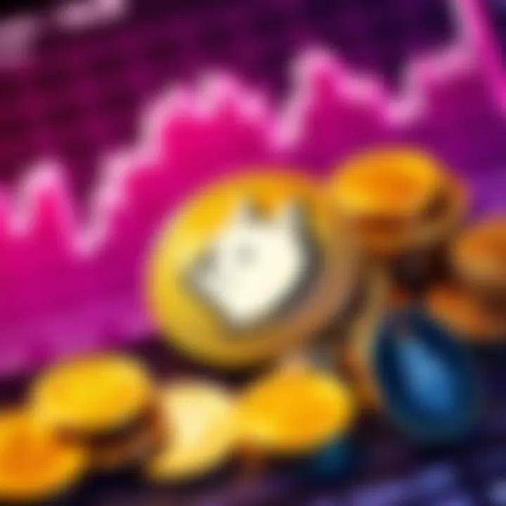 A collection of Dogecoin coins next to a cryptocurrency market chart, illustrating ownership and value in the crypto space.