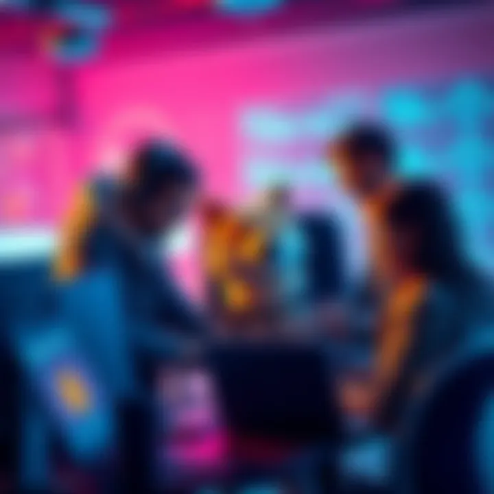 A group of developers working together on a Dogecoin project, discussing ideas and coding on laptops.