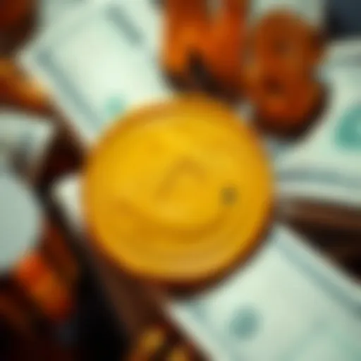The Dogecoin logo surrounded by dollar bills, symbolizing the debate on dividends