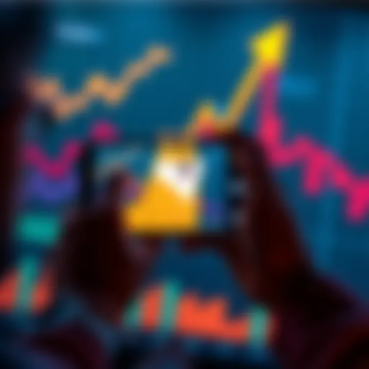 A person holding a smartphone displaying Dogecoin in front of a chart showing growth arrows