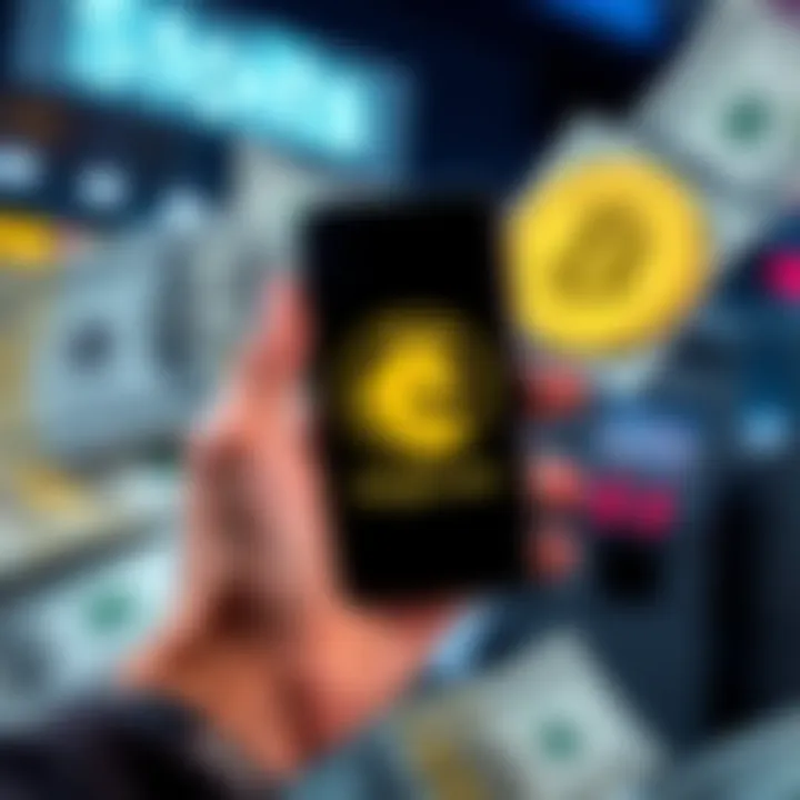 A person holding a smartphone showing the Dogecoin logo with cash in the background, symbolizing a loan investment in cryptocurrency.