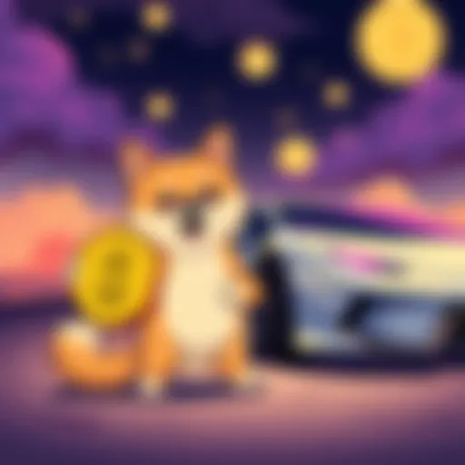 A cartoonish illustration of a Shiba Inu holding a dollar sign, standing next to a shiny luxury sports car, representing the hopes of Dogecoin holders dreaming of wealth.