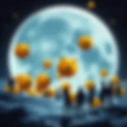 A group of animated Dogecoins floating around the moon with people discussing in the background, showcasing excitement about the cryptocurrency.