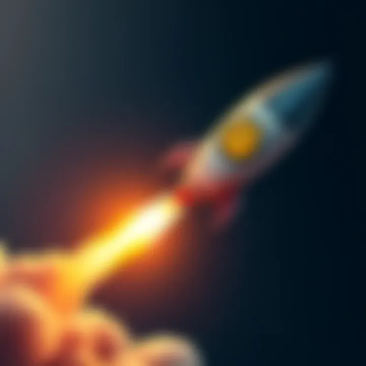 A rocket with the Dogecoin logo soaring upwards against a starry background, representing potential growth in 2025.