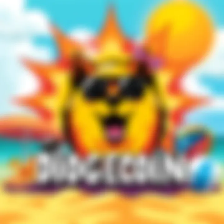 A cheerful Dogecoin logo with sunglasses, surrounded by beach elements like a sun and beach ball, symbolizing summer fun and crypto excitement.