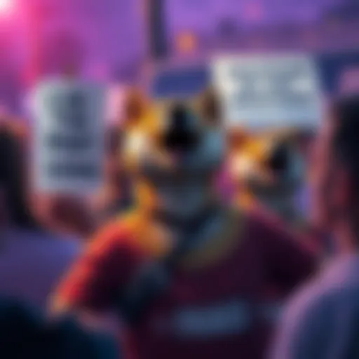 Group of Dogecoin supporters expressing frustration over meme removal on forums, holding signs and discussing passionately.