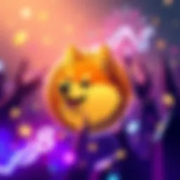 A digital illustration of a Dogecoin logo with a celebratory background, symbolizing its rise to rank #8 in cryptocurrency rankings.