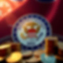 Department of Justice logo with graphic illustration of cryptocurrency coins and a North Korean flag in the background