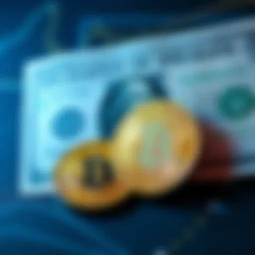 A dollar bill placed next to a Bitcoin symbol, representing small investments in cryptocurrency.